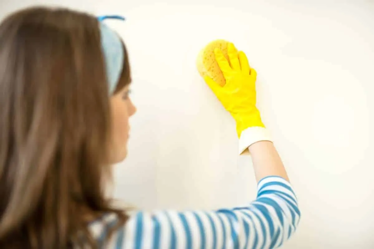 A person wiping down a painted interior wall with a sponge