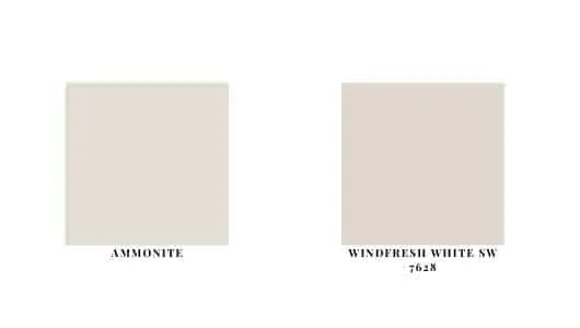 Farrow and Ball Ammonite shown next to its Sherwin Williams dupe, Windfresh White SW 7628