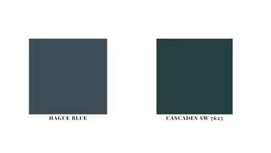 Farrow and Ball Hague Blue next to Sherwin Williams Cascades SW 7623 as paint swatches