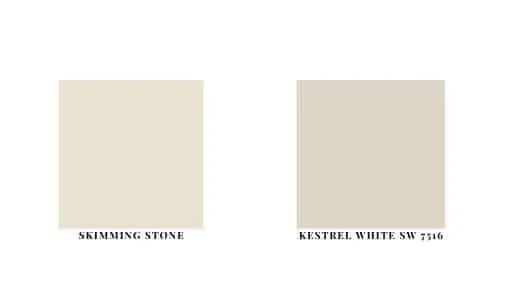 Farrow and Ball Skimming Stone next to Sherwin Williams Kestrel White SW 7516 as paint swatches
