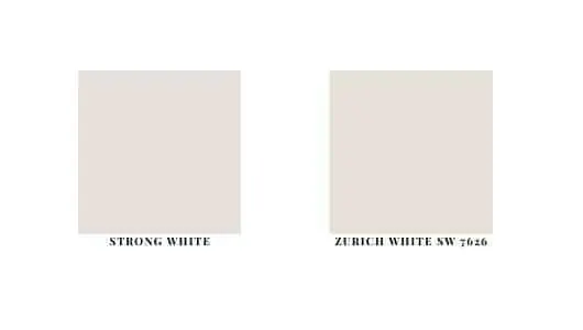 Farrow and Ball Strong White next to Sherwin Williams Zurich White SW 7626 as paint swatches