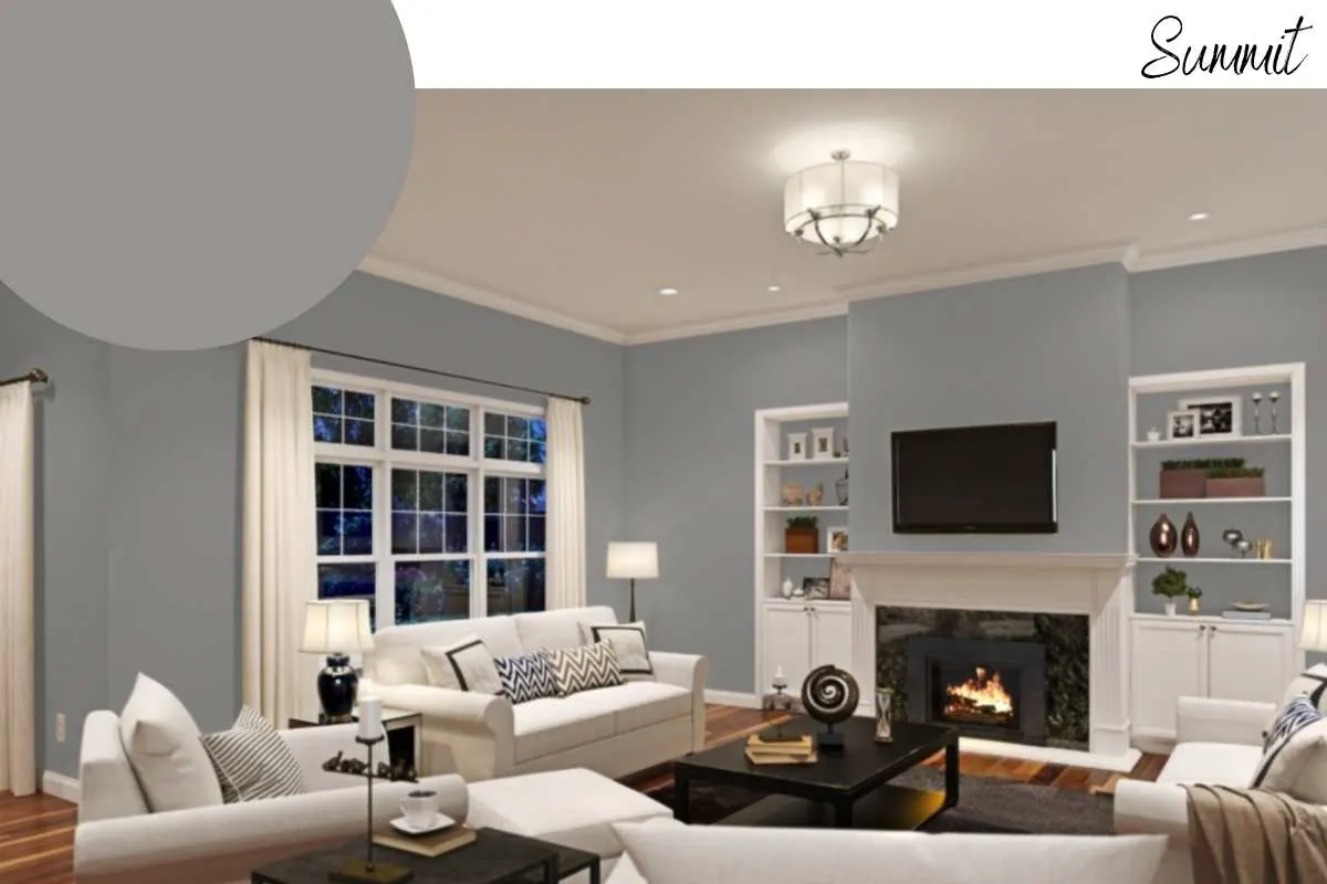 A living room painted in Summit Gray SW 7669, a darker neutral gray