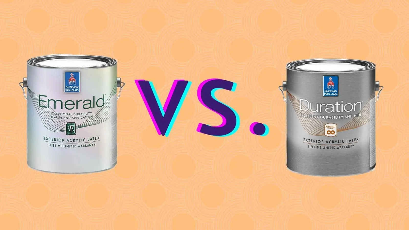 A graphic comparing Sherwin Williams Duration and Emerald exterior paints side by side