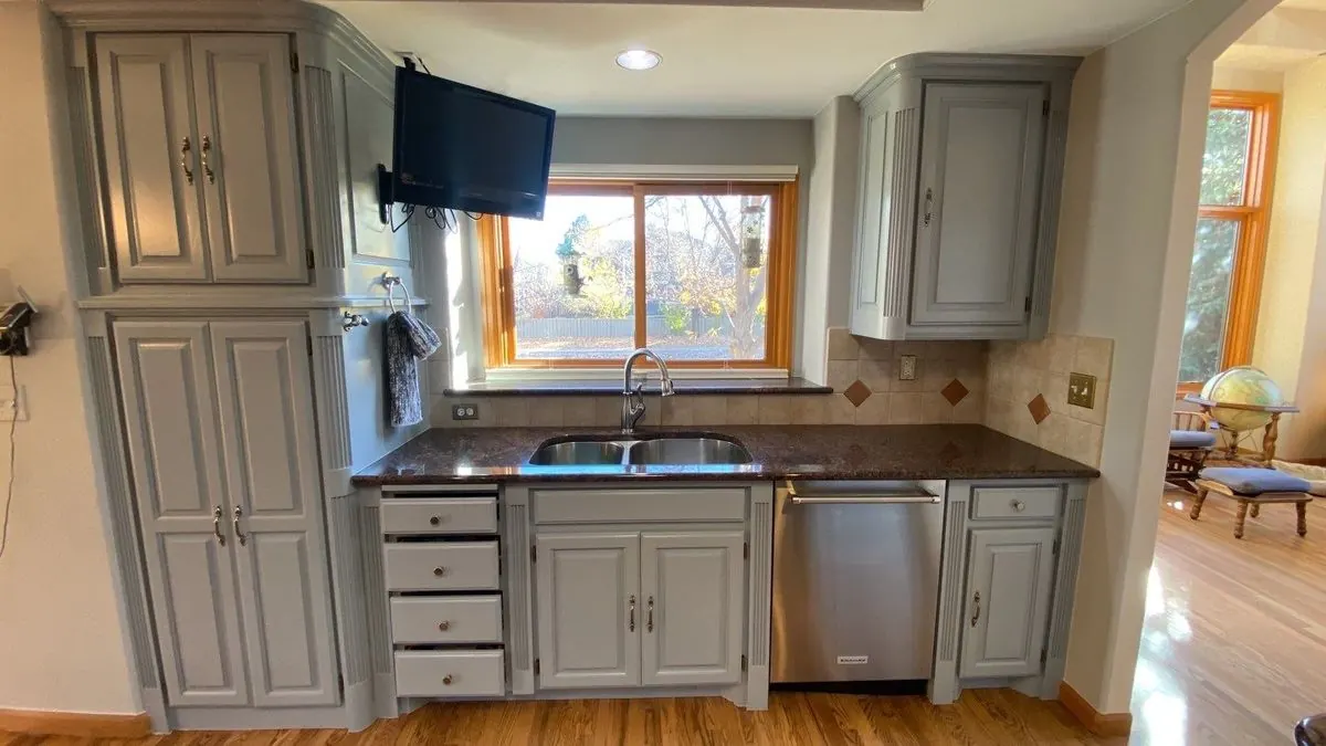 Repainted gray kitchen cabinets, Denver metro